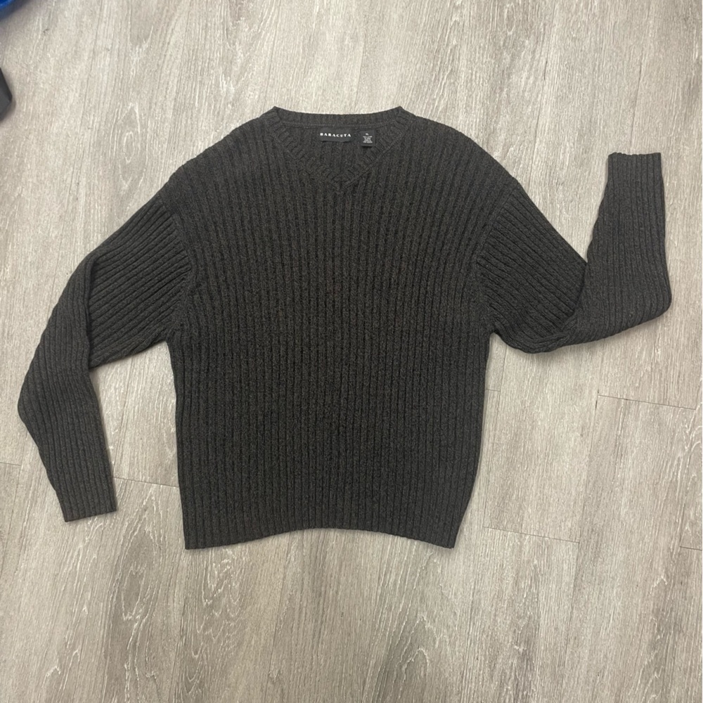 Baracuta Chunky Knit V Neck Sweater Men Large Gray 100% cotton size XL